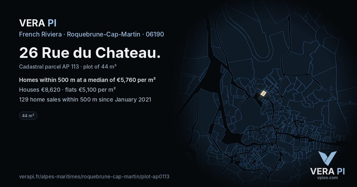 26 Rue du Chateau, Roquebrune-Cap-Martin at night – the plot lit, the parcels around coloured by the prices near them