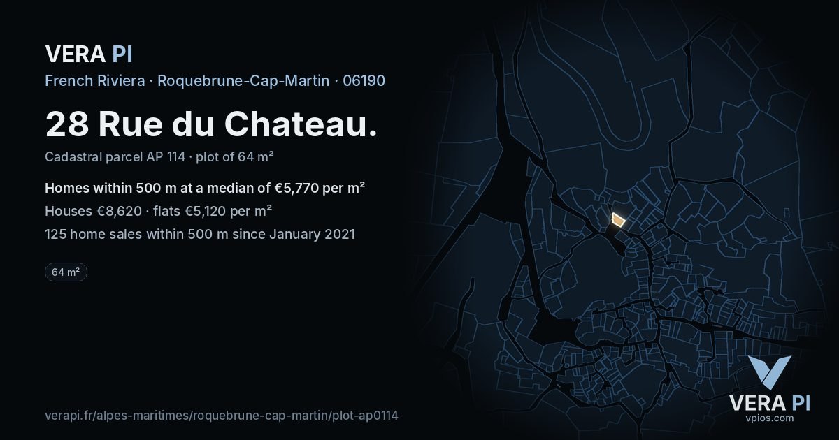 28 Rue du Chateau, Roquebrune-Cap-Martin at night – the plot lit, the parcels around coloured by the prices near them