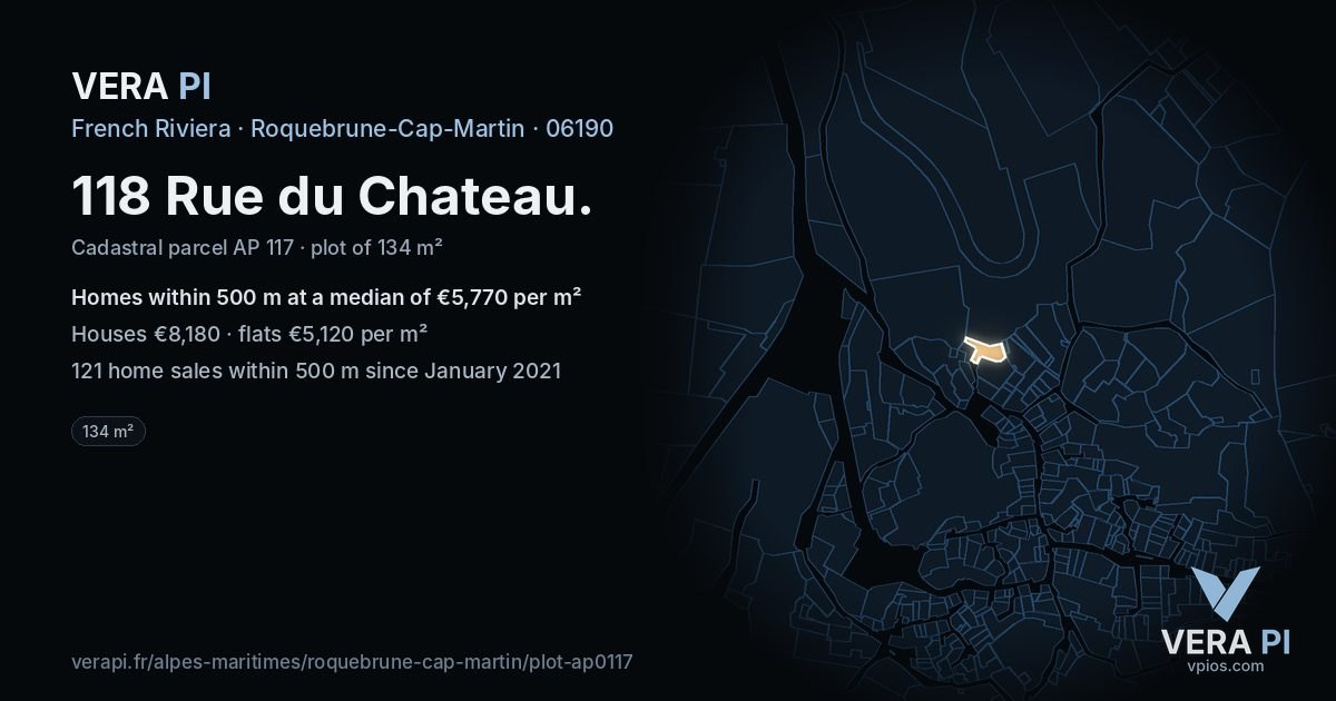 118 Rue du Chateau, Roquebrune-Cap-Martin at night – the plot lit, the parcels around coloured by the prices near them
