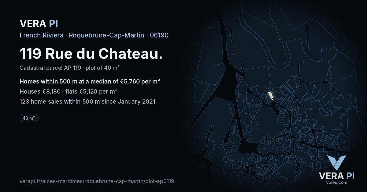 119 Rue du Chateau, Roquebrune-Cap-Martin at night – the plot lit, the parcels around coloured by the prices near them