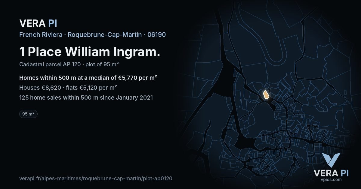1 Place William Ingram, Roquebrune-Cap-Martin at night – the plot lit, the parcels around coloured by the prices near them