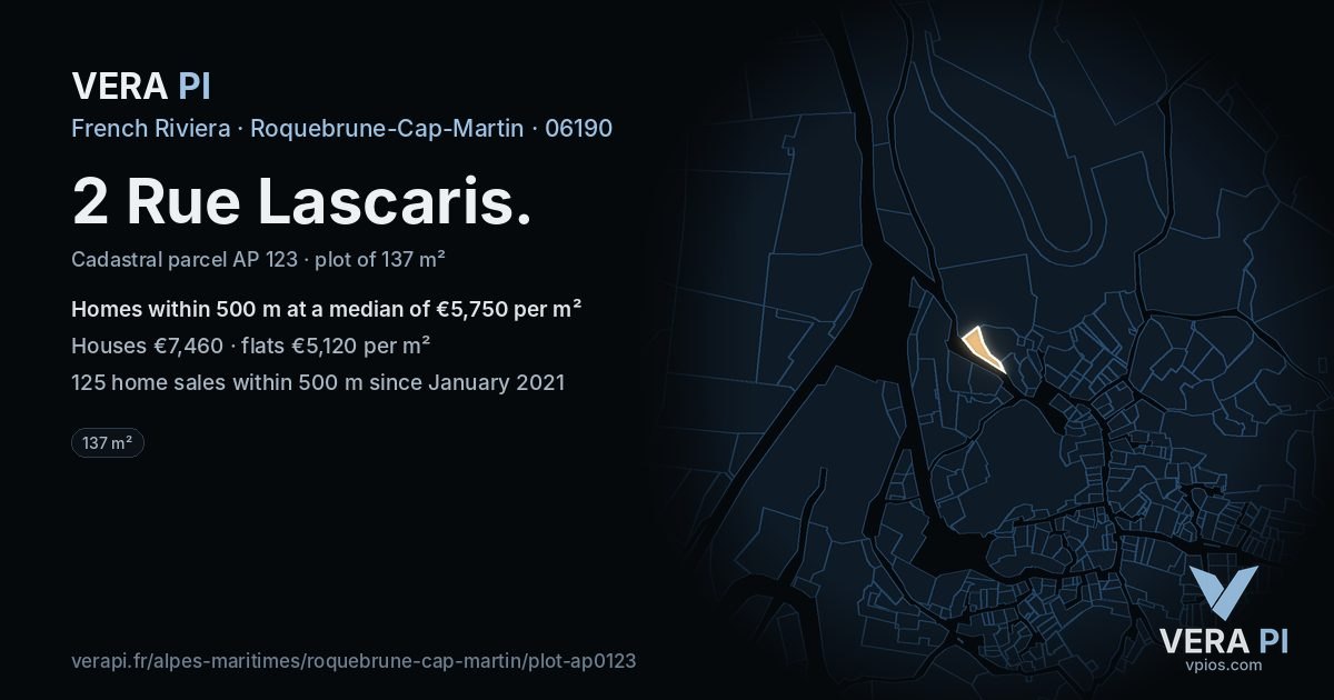 2 Rue Lascaris, Roquebrune-Cap-Martin at night – the plot lit, the parcels around coloured by the prices near them
