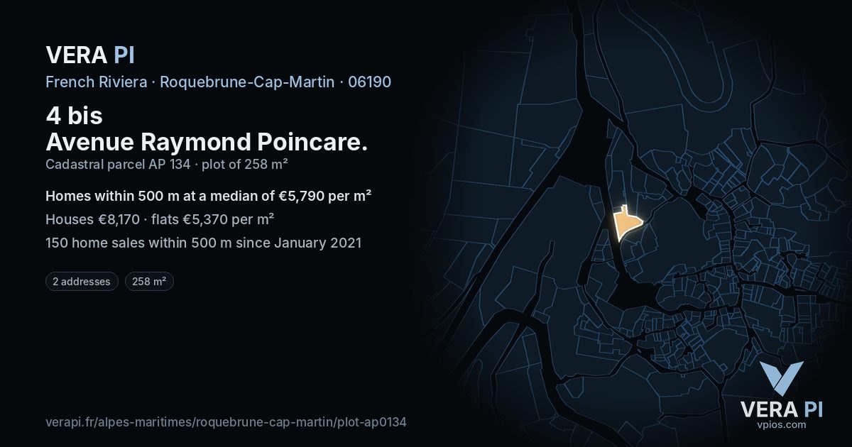 4 bis Avenue Raymond Poincare, Roquebrune-Cap-Martin at night – the plot lit, the parcels around coloured by the prices near them