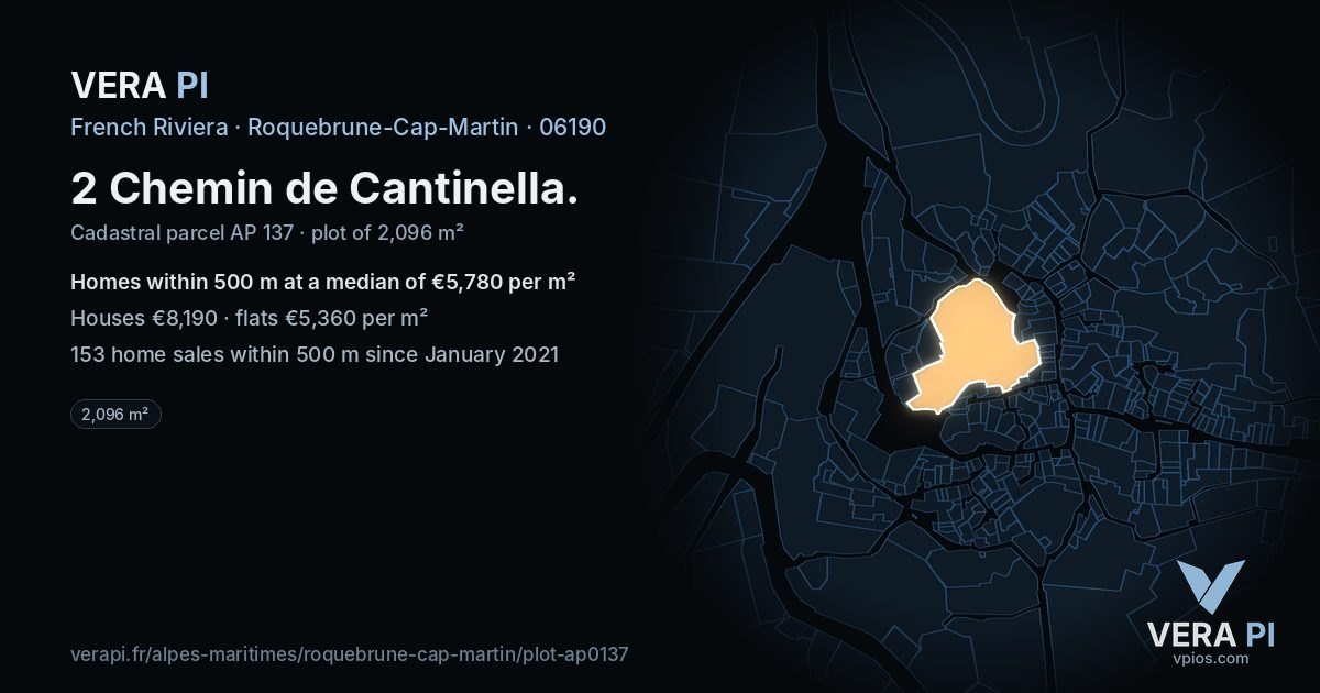 2 Chemin de Cantinella, Roquebrune-Cap-Martin at night – the plot lit, the parcels around coloured by the prices near them