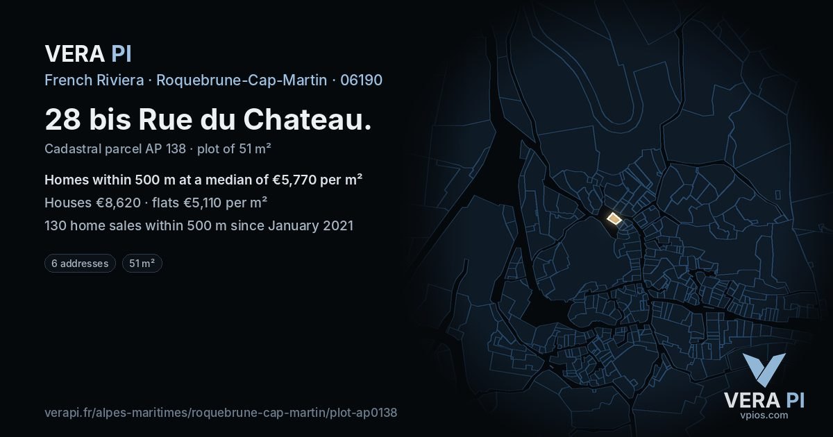 28 bis Rue du Chateau, Roquebrune-Cap-Martin at night – the plot lit, the parcels around coloured by the prices near them