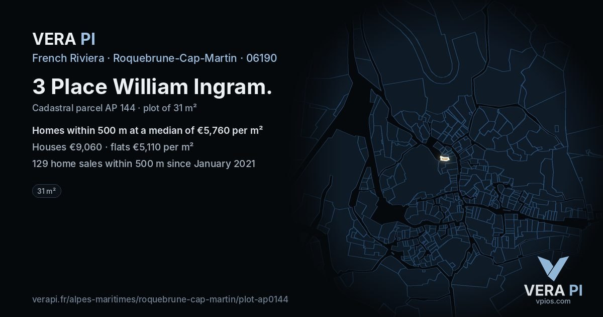 3 Place William Ingram, Roquebrune-Cap-Martin at night – the plot lit, the parcels around coloured by the prices near them