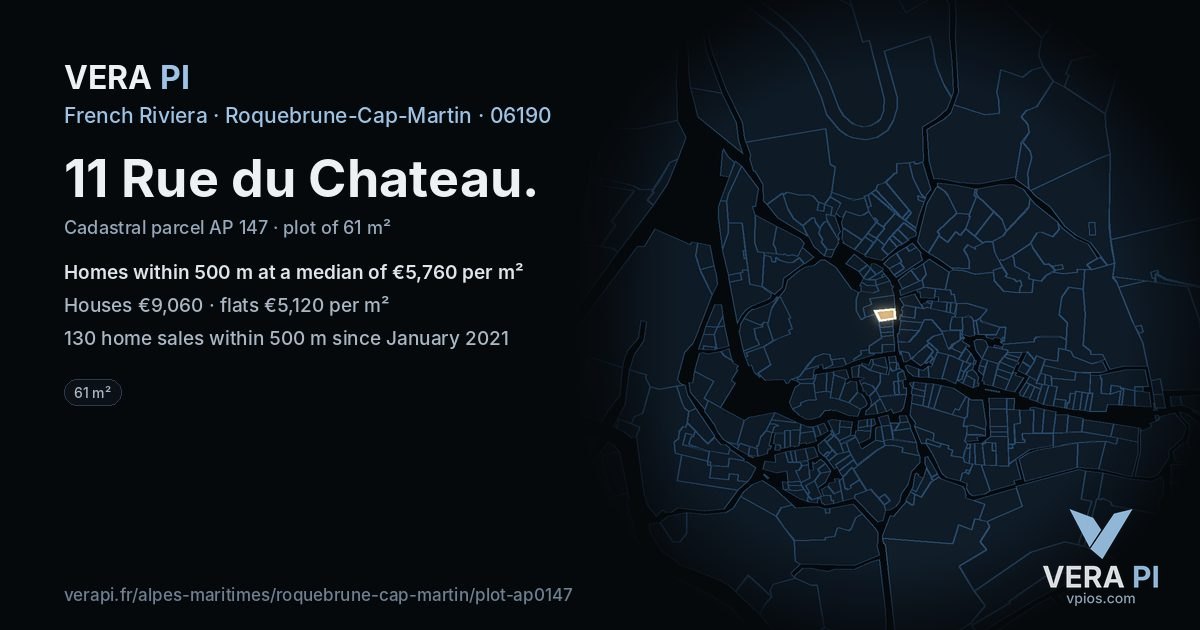11 Rue du Chateau, Roquebrune-Cap-Martin at night – the plot lit, the parcels around coloured by the prices near them