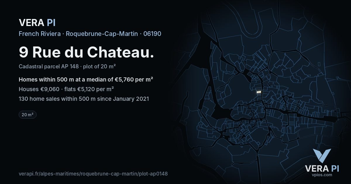 9 Rue du Chateau, Roquebrune-Cap-Martin at night – the plot lit, the parcels around coloured by the prices near them