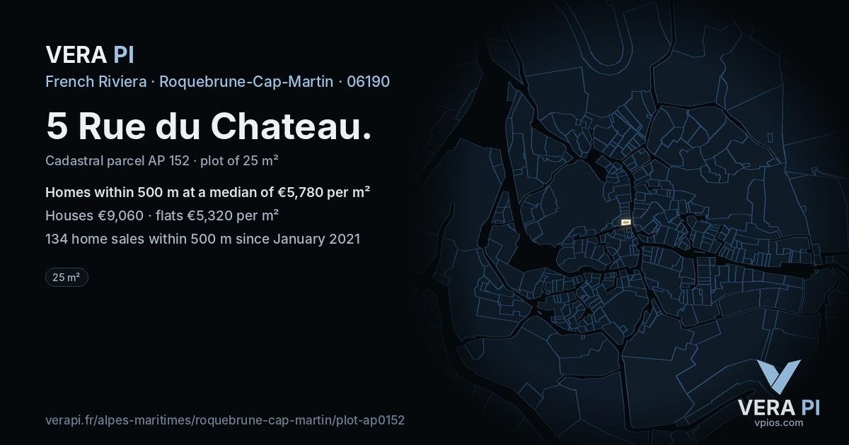 5 Rue du Chateau, Roquebrune-Cap-Martin at night – the plot lit, the parcels around coloured by the prices near them