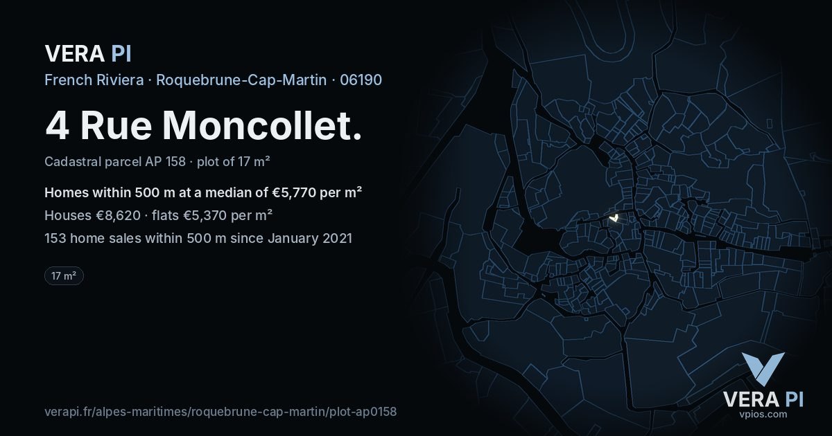 4 Rue Moncollet, Roquebrune-Cap-Martin at night – the plot lit, the parcels around coloured by the prices near them