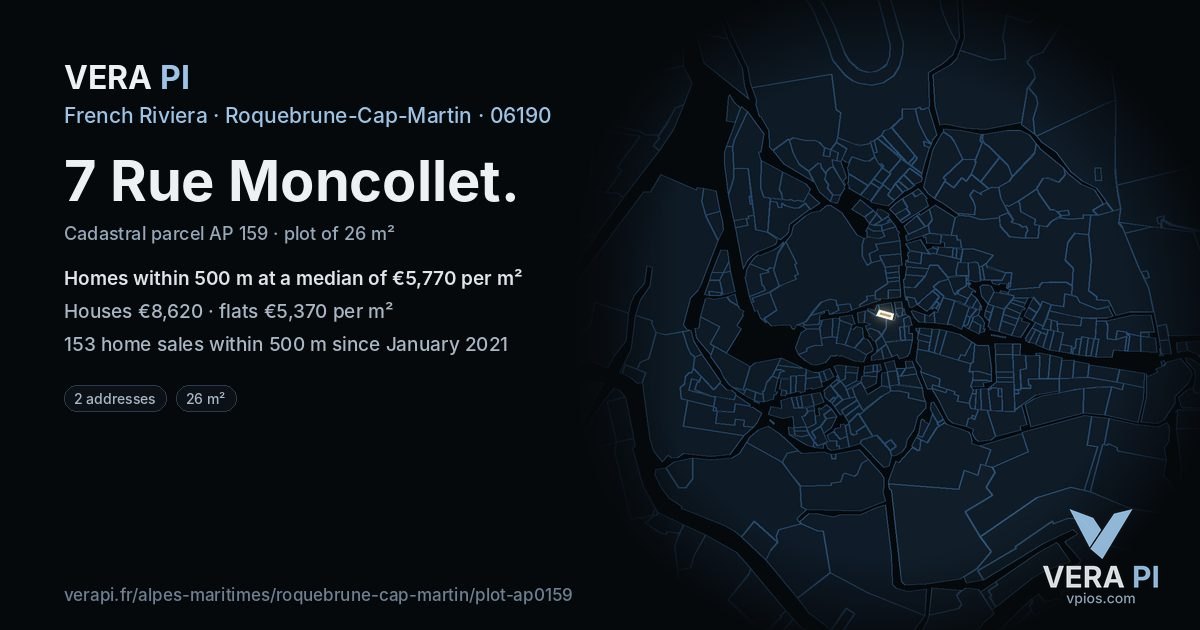7 Rue Moncollet, Roquebrune-Cap-Martin at night – the plot lit, the parcels around coloured by the prices near them