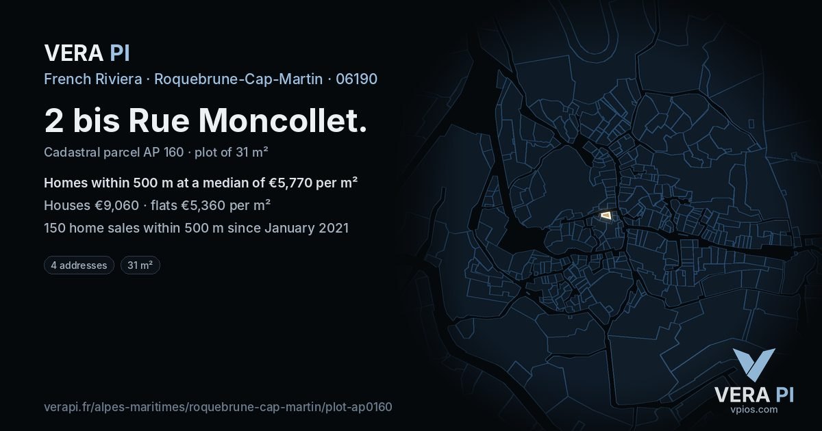 2 bis Rue Moncollet, Roquebrune-Cap-Martin at night – the plot lit, the parcels around coloured by the prices near them