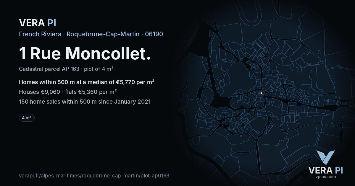 1 Rue Moncollet, Roquebrune-Cap-Martin at night – the plot lit, the parcels around coloured by the prices near them