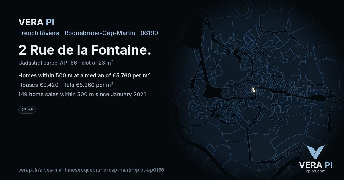 2 Rue de la Fontaine, Roquebrune-Cap-Martin at night – the plot lit, the parcels around coloured by the prices near them