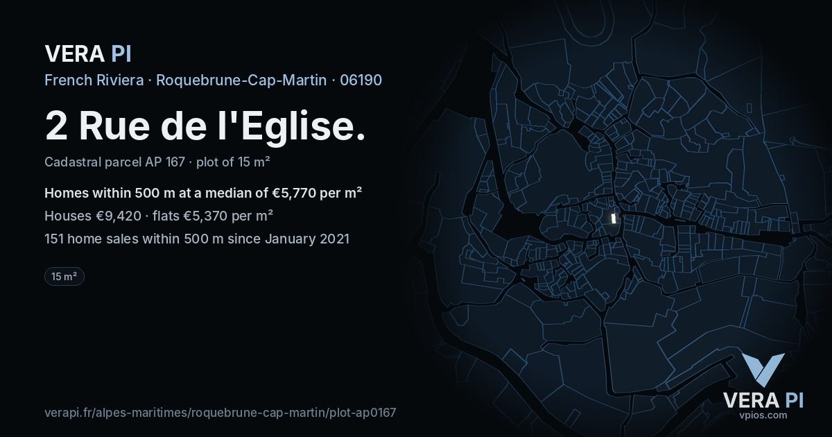 2 Rue de l'Eglise, Roquebrune-Cap-Martin at night – the plot lit, the parcels around coloured by the prices near them