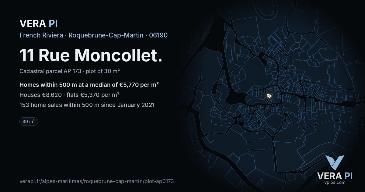 11 Rue Moncollet, Roquebrune-Cap-Martin at night – the plot lit, the parcels around coloured by the prices near them
