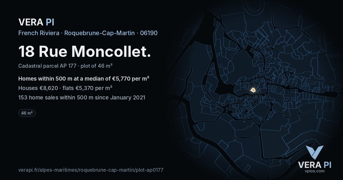 18 Rue Moncollet, Roquebrune-Cap-Martin at night – the plot lit, the parcels around coloured by the prices near them