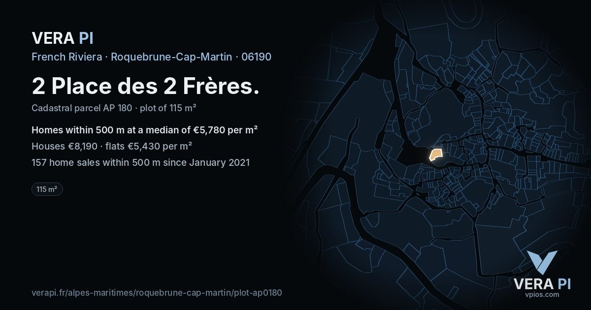 2 Place des 2 Frères, Roquebrune-Cap-Martin at night – the plot lit, the parcels around coloured by the prices near them