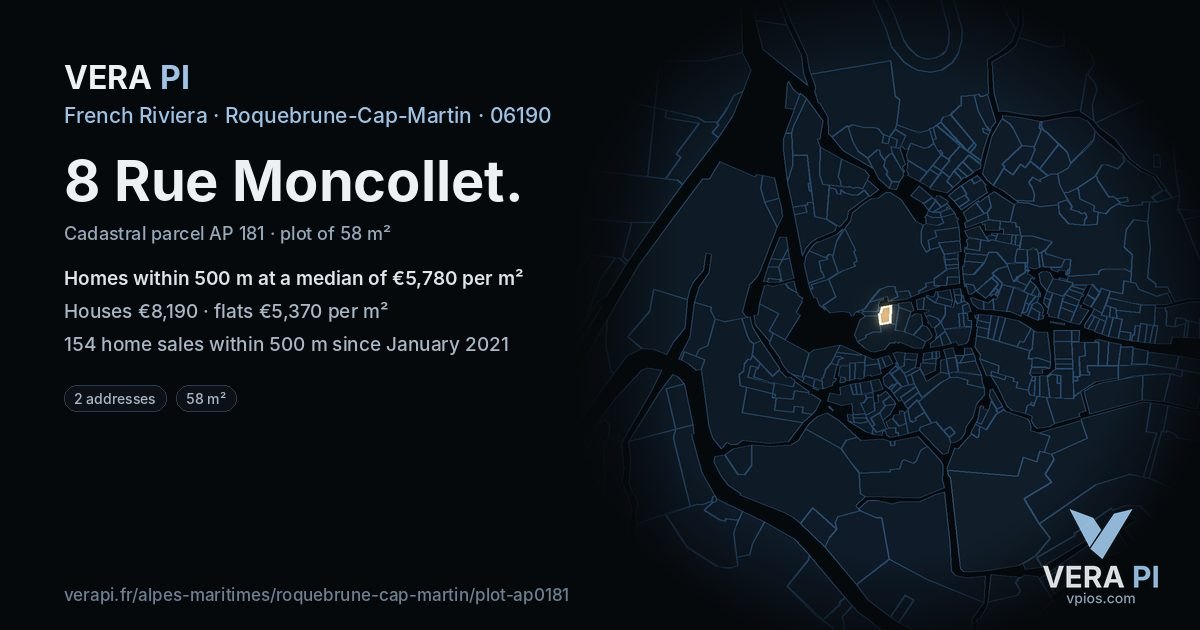 8 Rue Moncollet, Roquebrune-Cap-Martin at night – the plot lit, the parcels around coloured by the prices near them