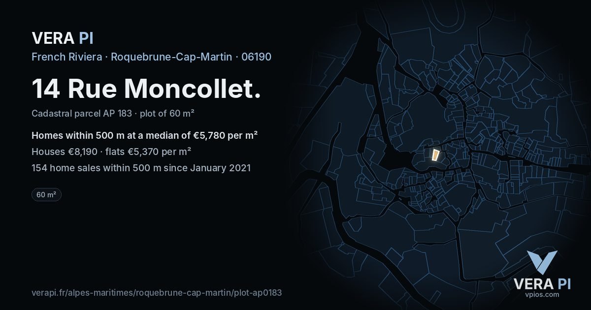 14 Rue Moncollet, Roquebrune-Cap-Martin at night – the plot lit, the parcels around coloured by the prices near them