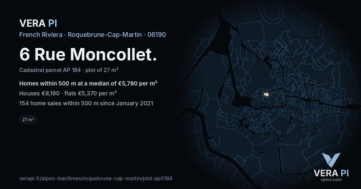 6 Rue Moncollet, Roquebrune-Cap-Martin at night – the plot lit, the parcels around coloured by the prices near them