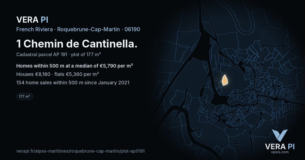 1 Chemin de Cantinella, Roquebrune-Cap-Martin at night – the plot lit, the parcels around coloured by the prices near them