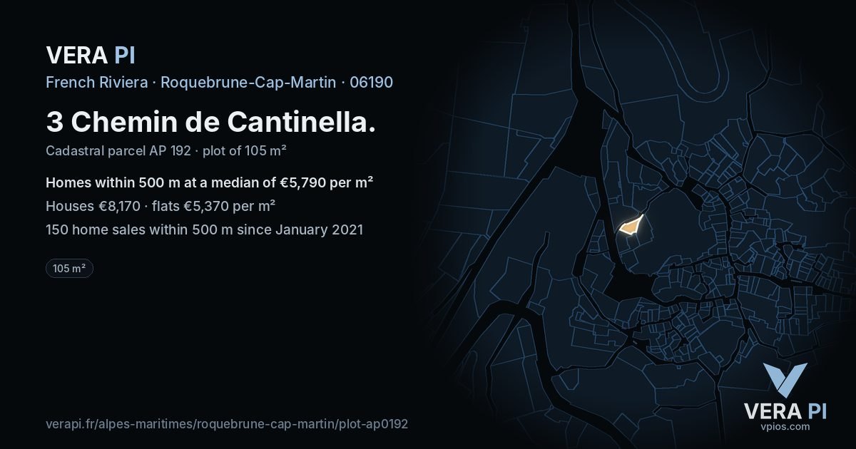 3 Chemin de Cantinella, Roquebrune-Cap-Martin at night – the plot lit, the parcels around coloured by the prices near them