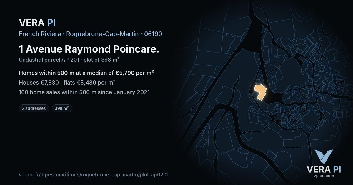 1 Avenue Raymond Poincare, Roquebrune-Cap-Martin at night – the plot lit, the parcels around coloured by the prices near them