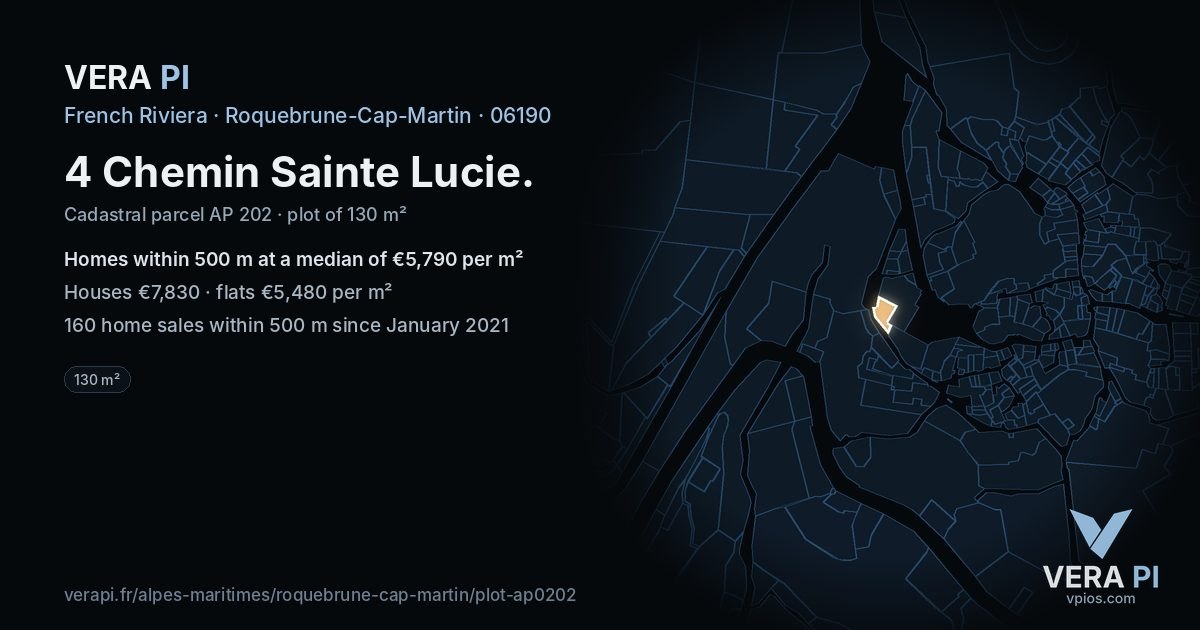 4 Chemin Sainte Lucie, Roquebrune-Cap-Martin at night – the plot lit, the parcels around coloured by the prices near them