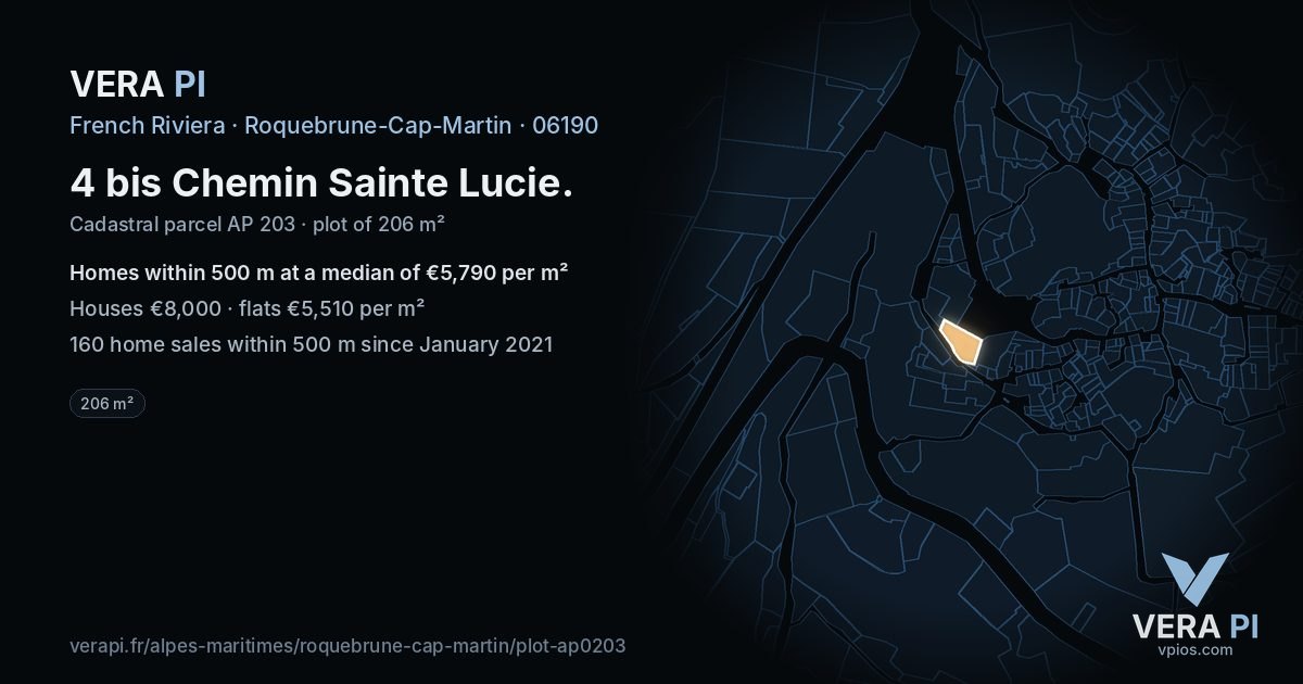 4 bis Chemin Sainte Lucie, Roquebrune-Cap-Martin at night – the plot lit, the parcels around coloured by the prices near them