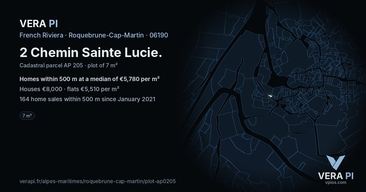 2 Chemin Sainte Lucie, Roquebrune-Cap-Martin at night – the plot lit, the parcels around coloured by the prices near them