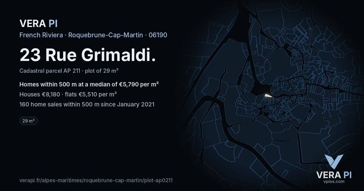 23 Rue Grimaldi, Roquebrune-Cap-Martin at night – the plot lit, the parcels around coloured by the prices near them
