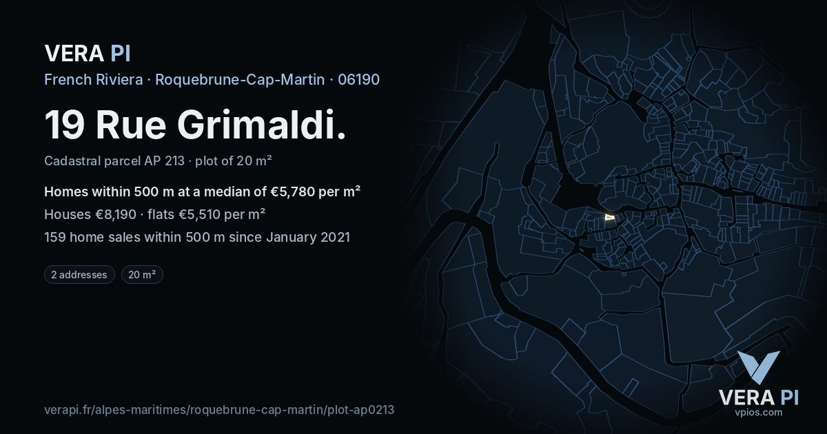 19 Rue Grimaldi, Roquebrune-Cap-Martin at night – the plot lit, the parcels around coloured by the prices near them