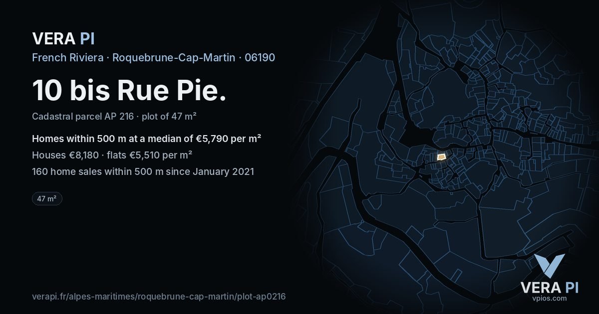 10 bis Rue Pie, Roquebrune-Cap-Martin at night – the plot lit, the parcels around coloured by the prices near them