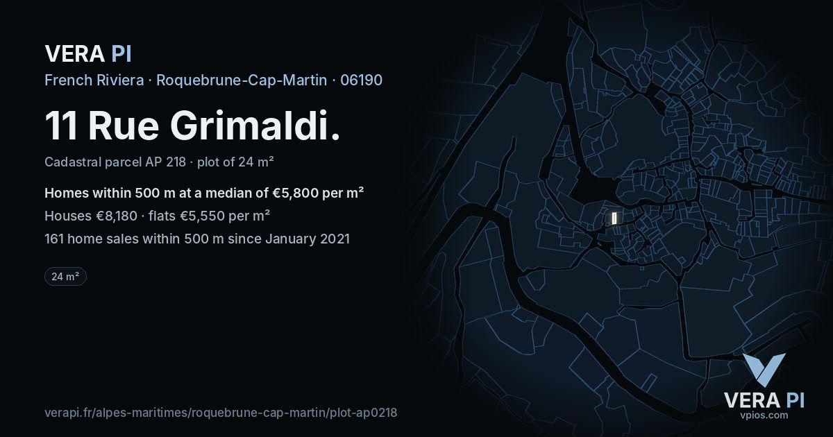 11 Rue Grimaldi, Roquebrune-Cap-Martin at night – the plot lit, the parcels around coloured by the prices near them