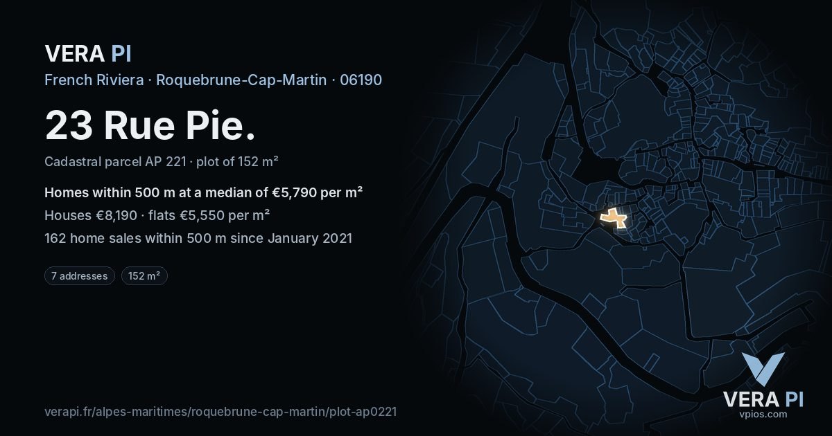 23 Rue Pie, Roquebrune-Cap-Martin at night – the plot lit, the parcels around coloured by the prices near them