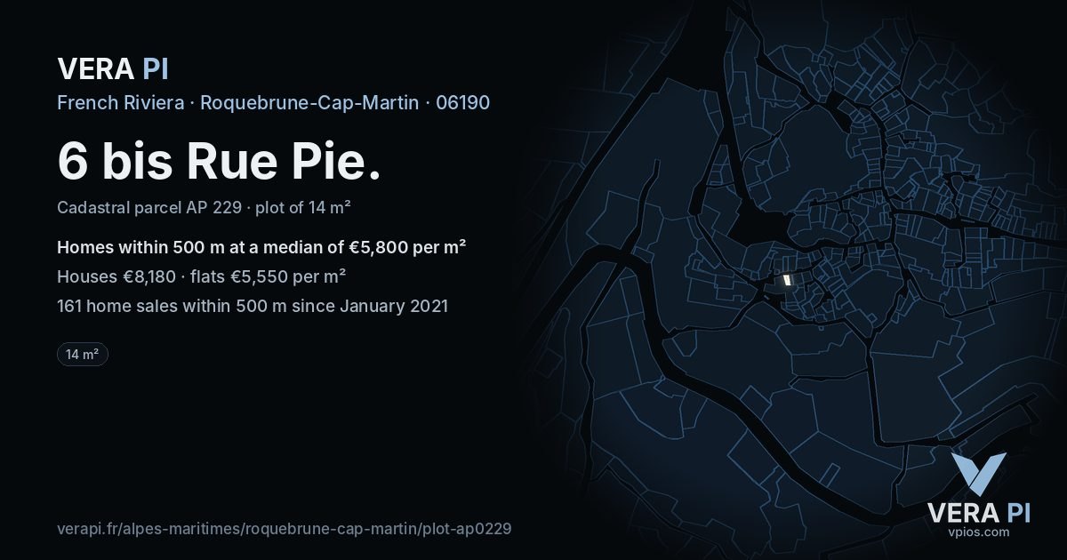 6 bis Rue Pie, Roquebrune-Cap-Martin at night – the plot lit, the parcels around coloured by the prices near them