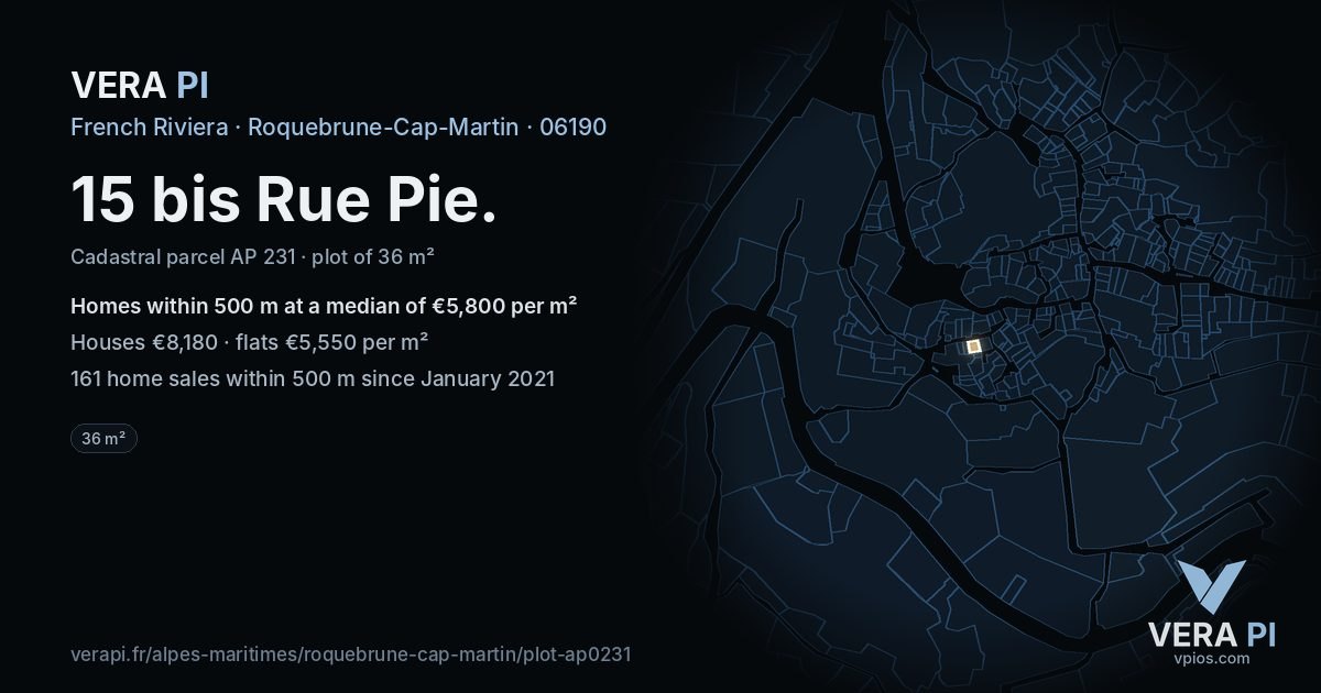 15 bis Rue Pie, Roquebrune-Cap-Martin at night – the plot lit, the parcels around coloured by the prices near them