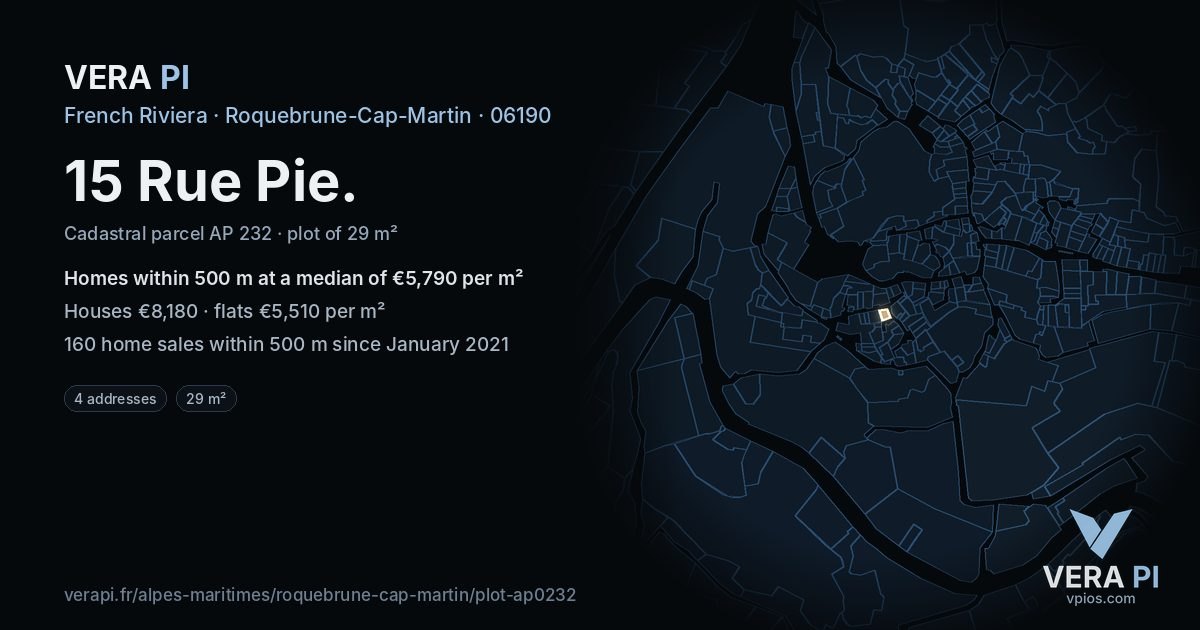 15 Rue Pie, Roquebrune-Cap-Martin at night – the plot lit, the parcels around coloured by the prices near them