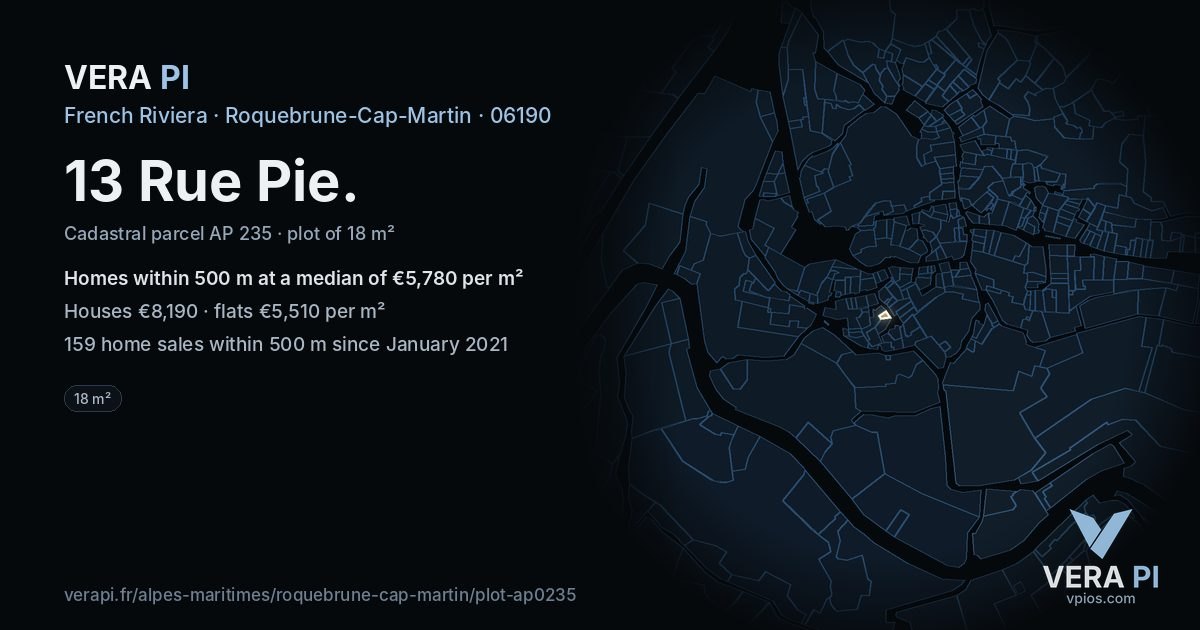 13 Rue Pie, Roquebrune-Cap-Martin at night – the plot lit, the parcels around coloured by the prices near them