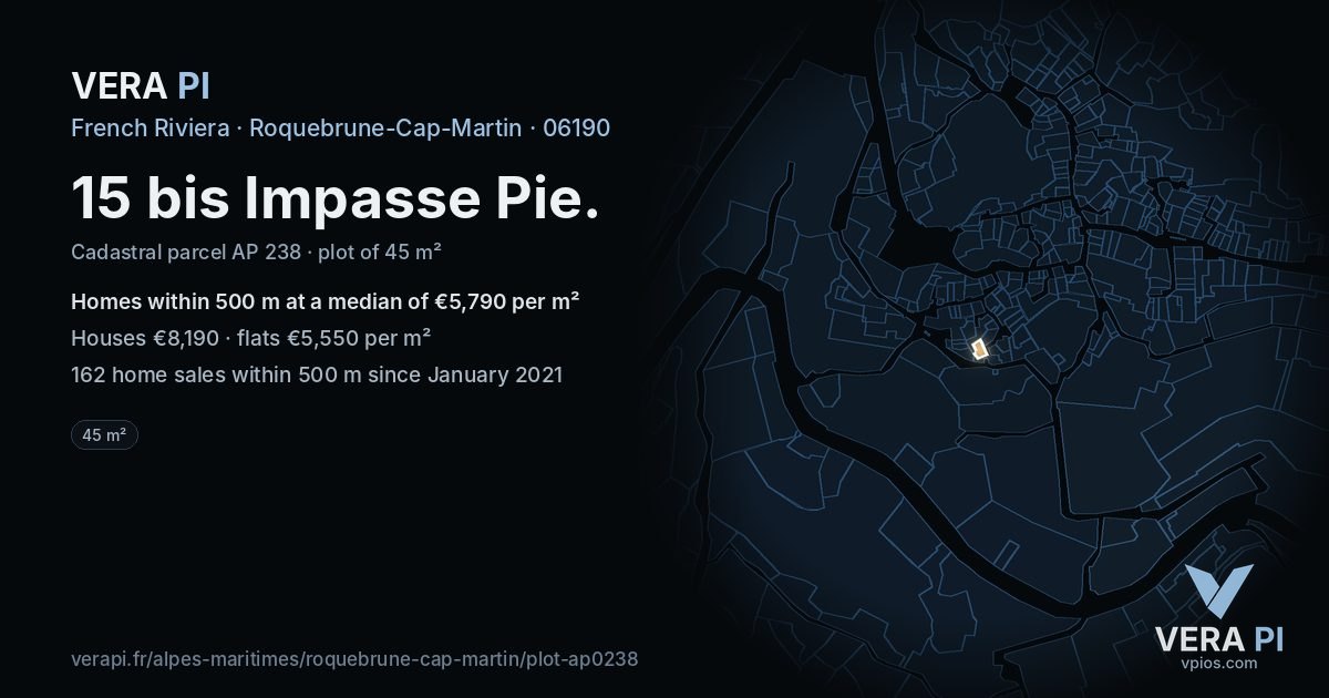 15 bis Impasse Pie, Roquebrune-Cap-Martin at night – the plot lit, the parcels around coloured by the prices near them