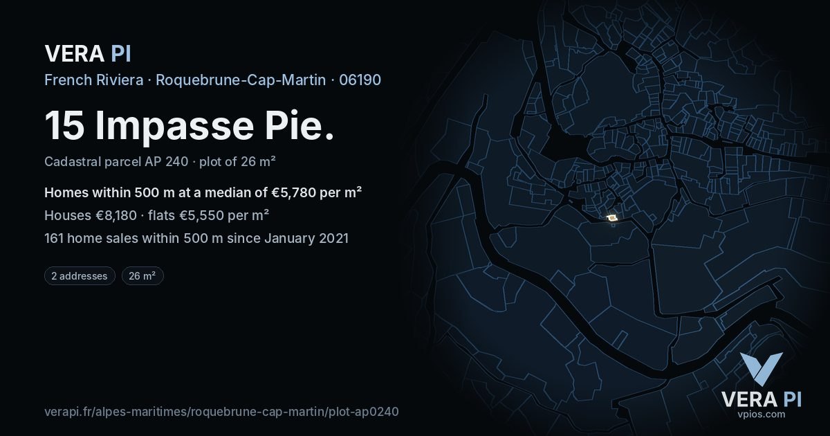 15 Impasse Pie, Roquebrune-Cap-Martin at night – the plot lit, the parcels around coloured by the prices near them