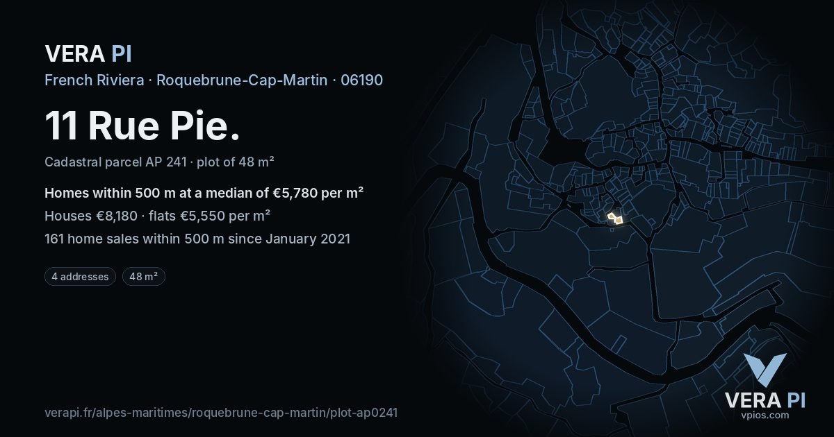 11 Rue Pie, Roquebrune-Cap-Martin at night – the plot lit, the parcels around coloured by the prices near them