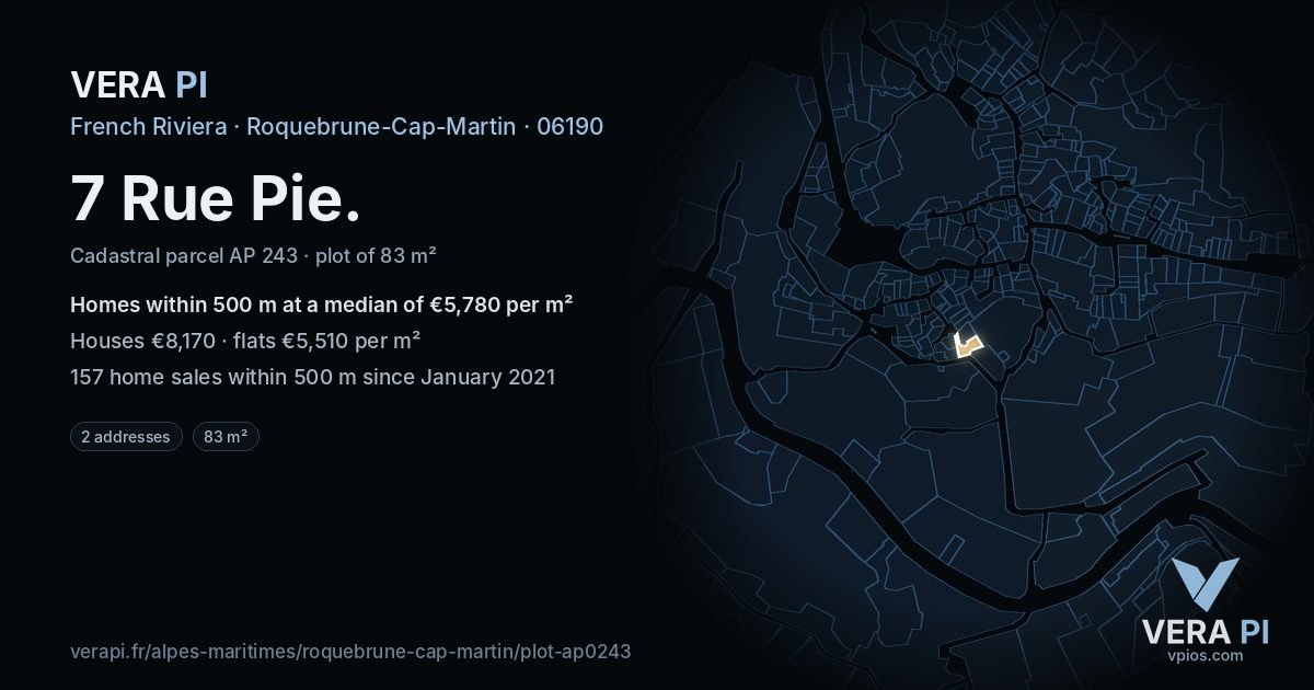 7 Rue Pie, Roquebrune-Cap-Martin at night – the plot lit, the parcels around coloured by the prices near them