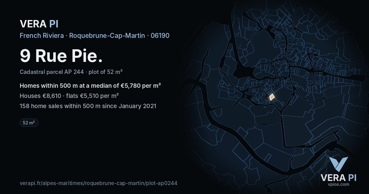 9 Rue Pie, Roquebrune-Cap-Martin at night – the plot lit, the parcels around coloured by the prices near them