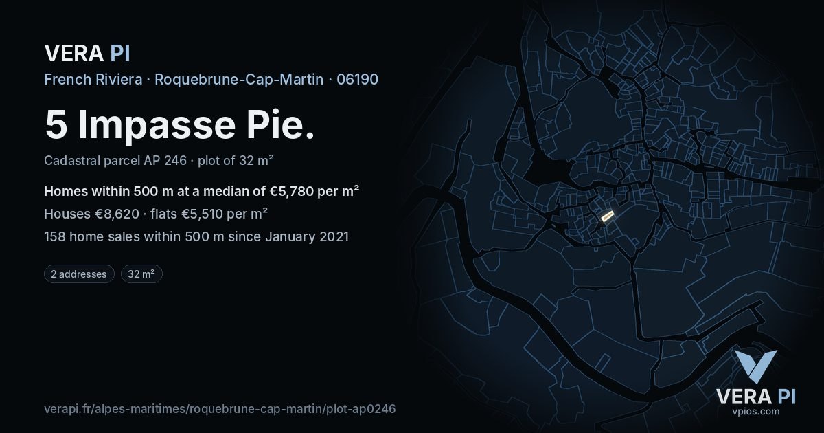 5 Impasse Pie, Roquebrune-Cap-Martin at night – the plot lit, the parcels around coloured by the prices near them