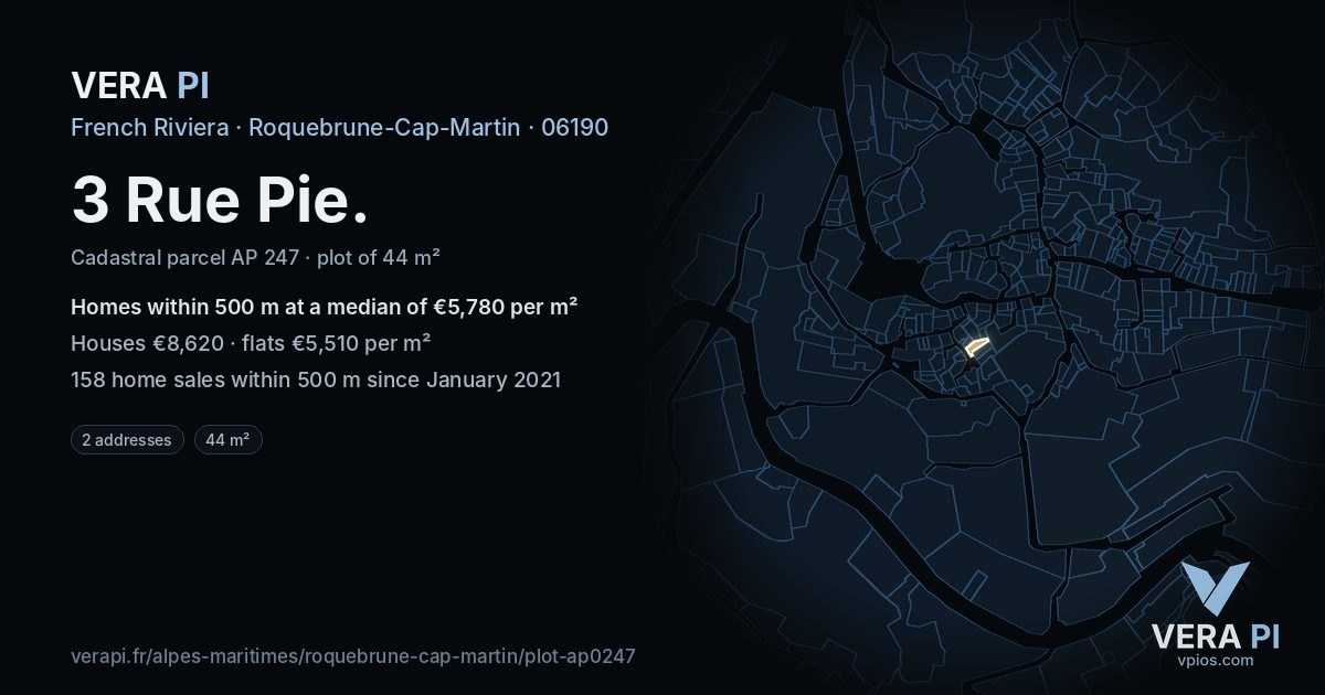 3 Rue Pie, Roquebrune-Cap-Martin at night – the plot lit, the parcels around coloured by the prices near them