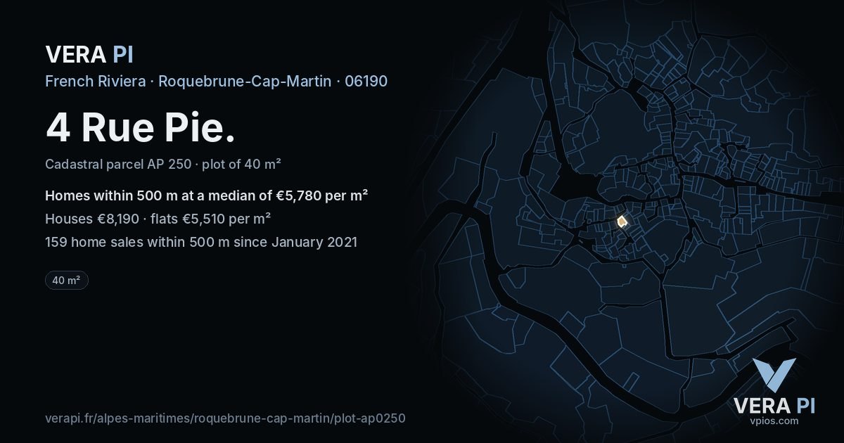 4 Rue Pie, Roquebrune-Cap-Martin at night – the plot lit, the parcels around coloured by the prices near them