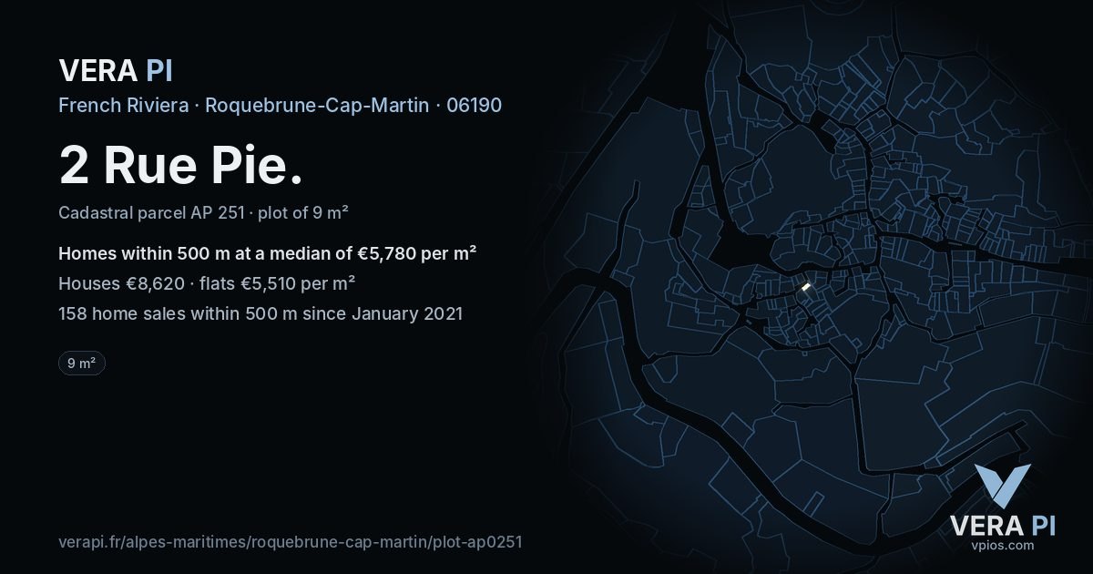 2 Rue Pie, Roquebrune-Cap-Martin at night – the plot lit, the parcels around coloured by the prices near them