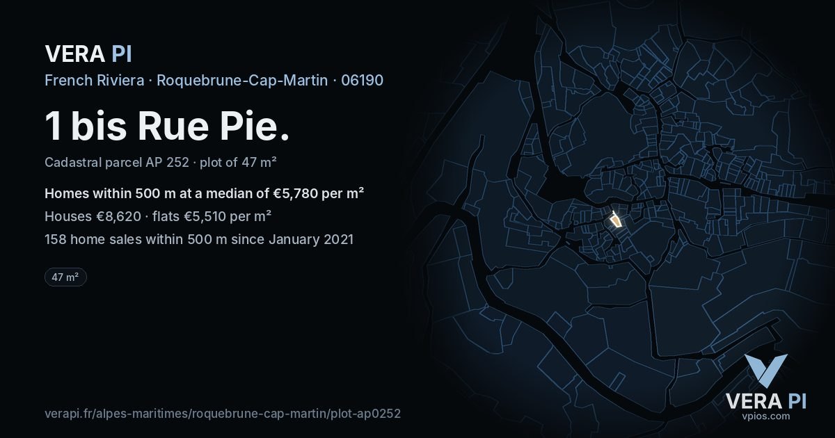 1 bis Rue Pie, Roquebrune-Cap-Martin at night – the plot lit, the parcels around coloured by the prices near them